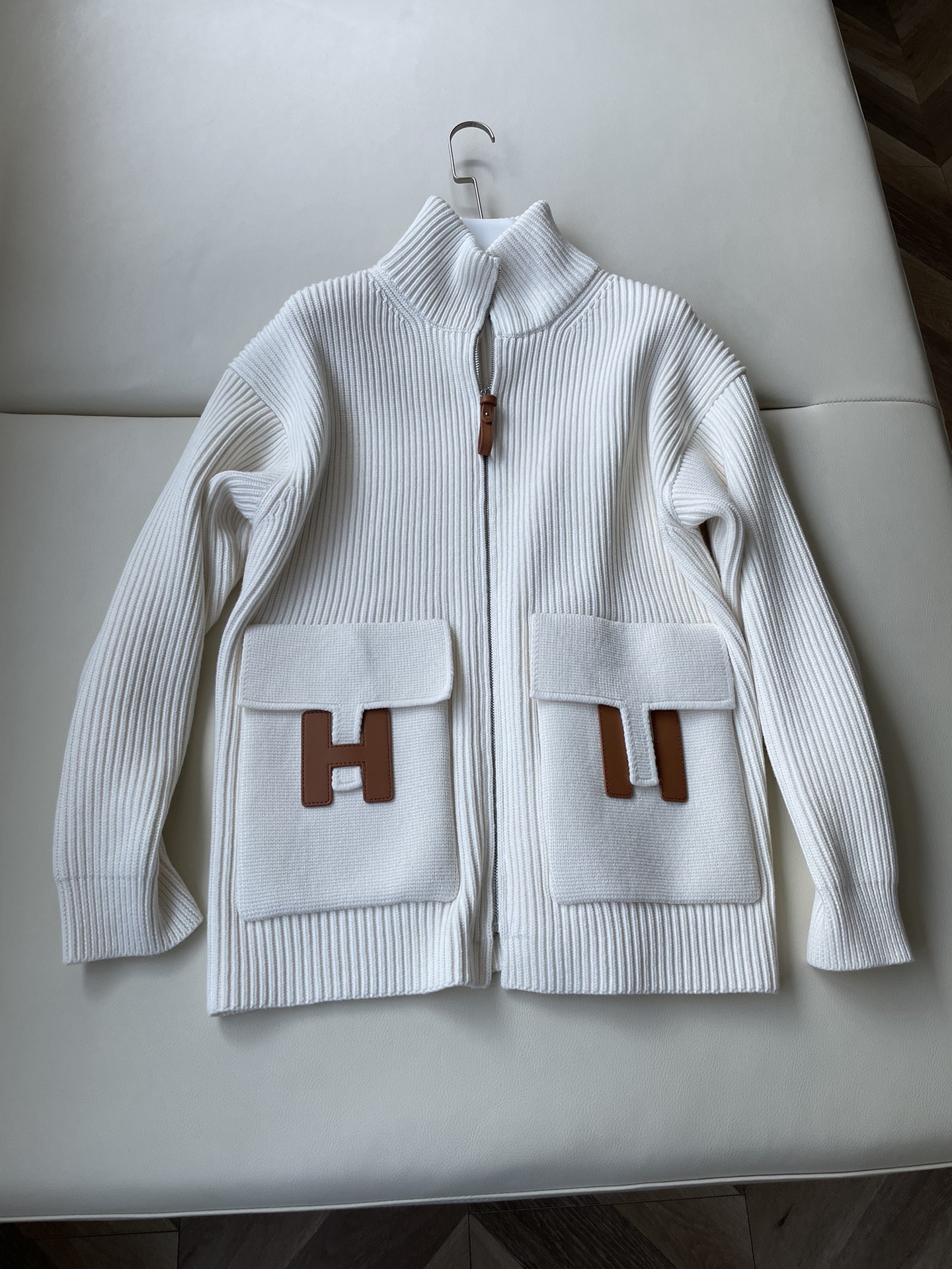 Hermès FallWinter Leather-Patch Stand Collar Knit Sweater Jacket