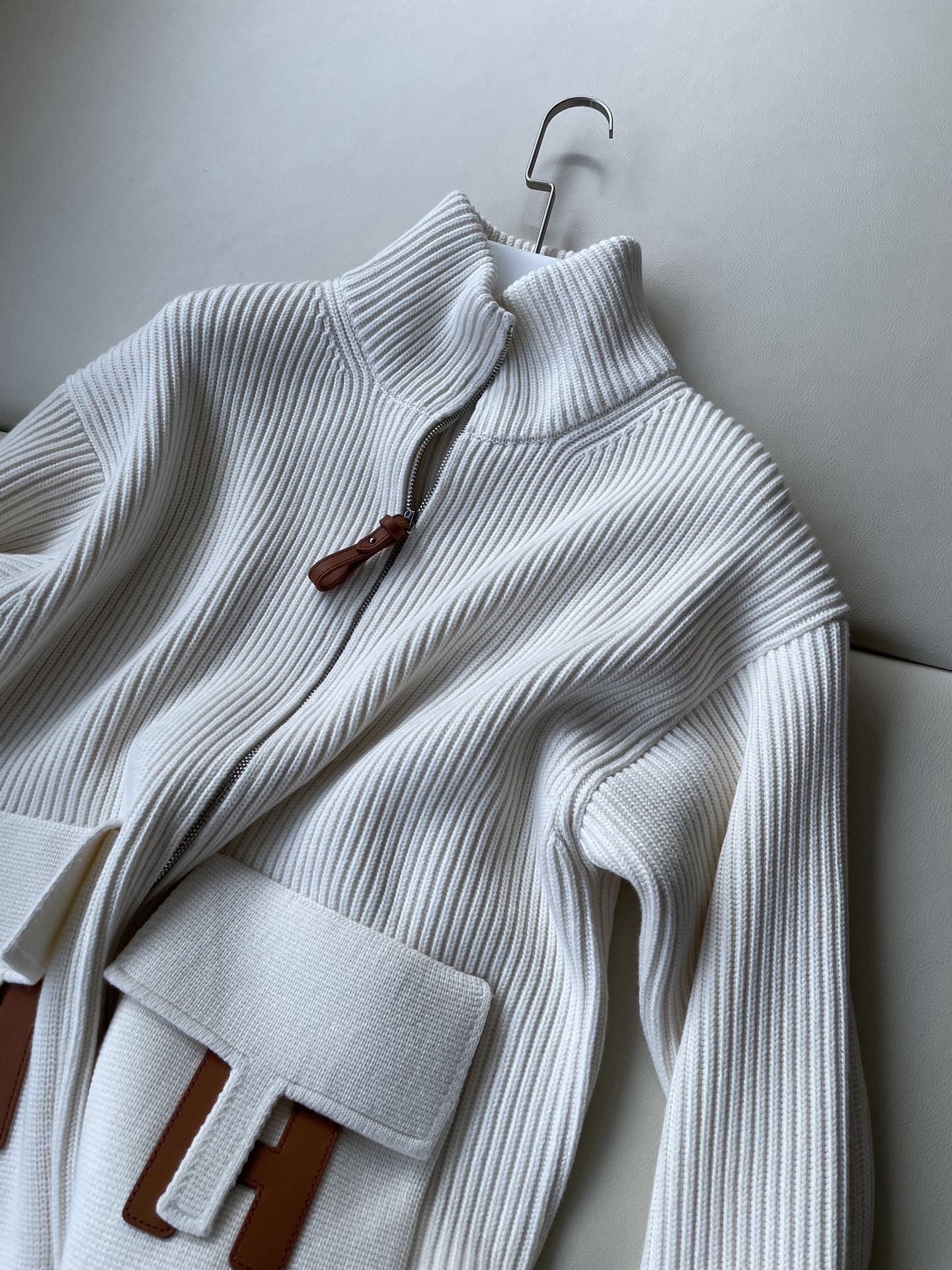 Hermès FallWinter Leather-Patch Stand Collar Knit Sweater Jacket