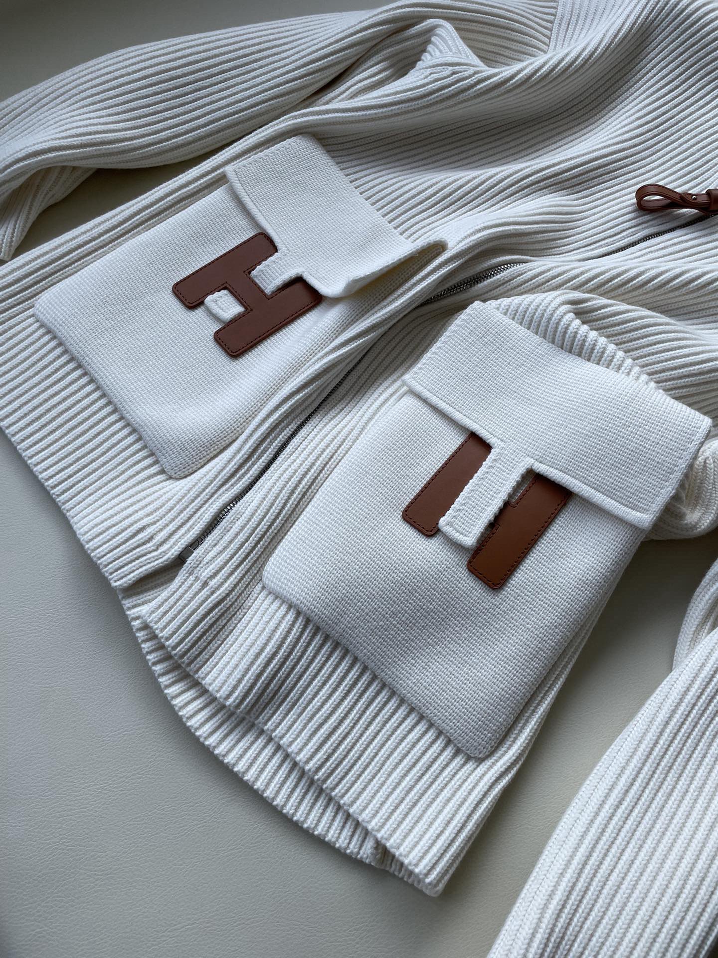 Hermès FallWinter Leather-Patch Stand Collar Knit Sweater Jacket