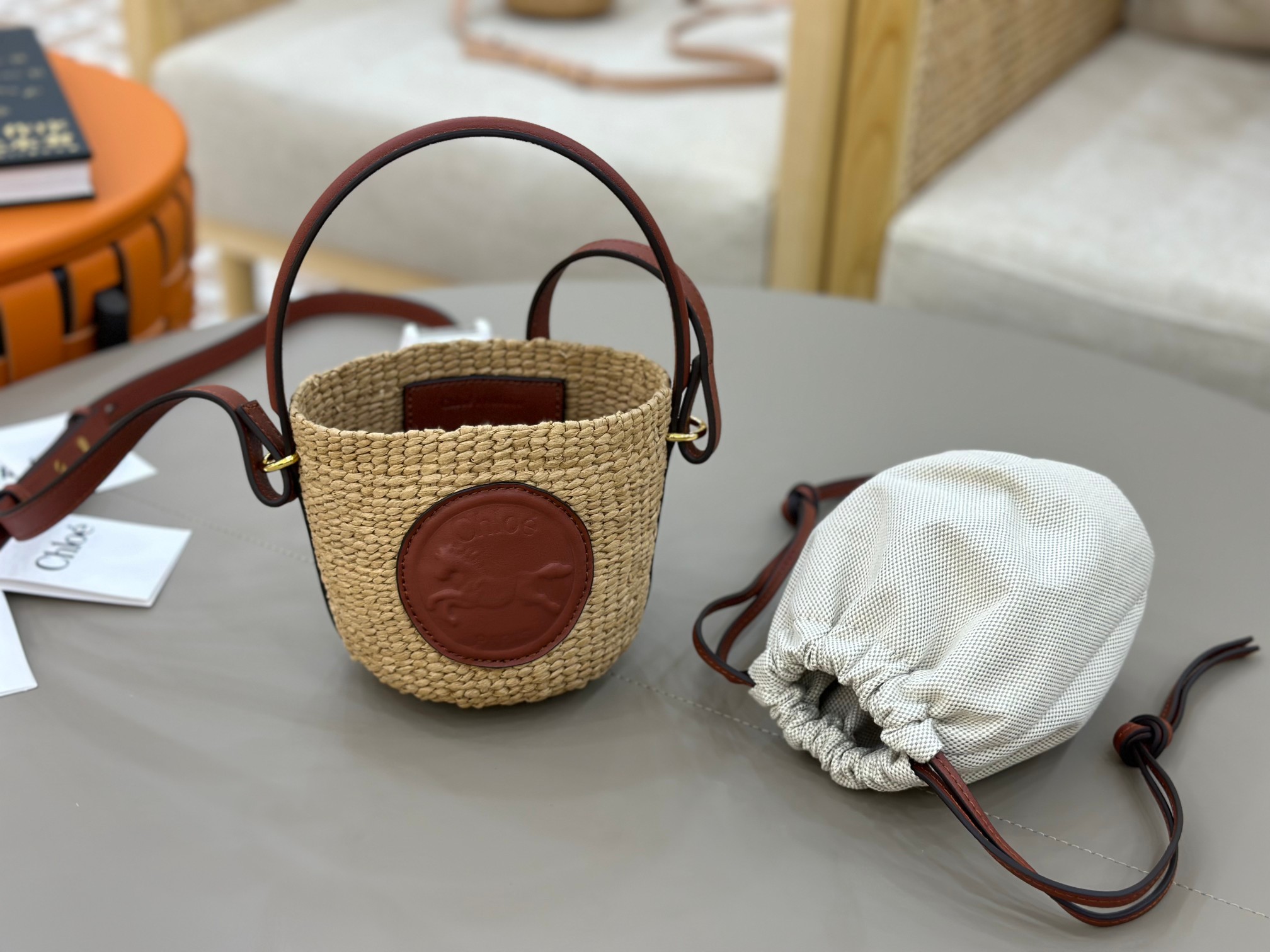 Chloé Mini Horse Medal Basket In Natural Fibers-14x12.5x14CM