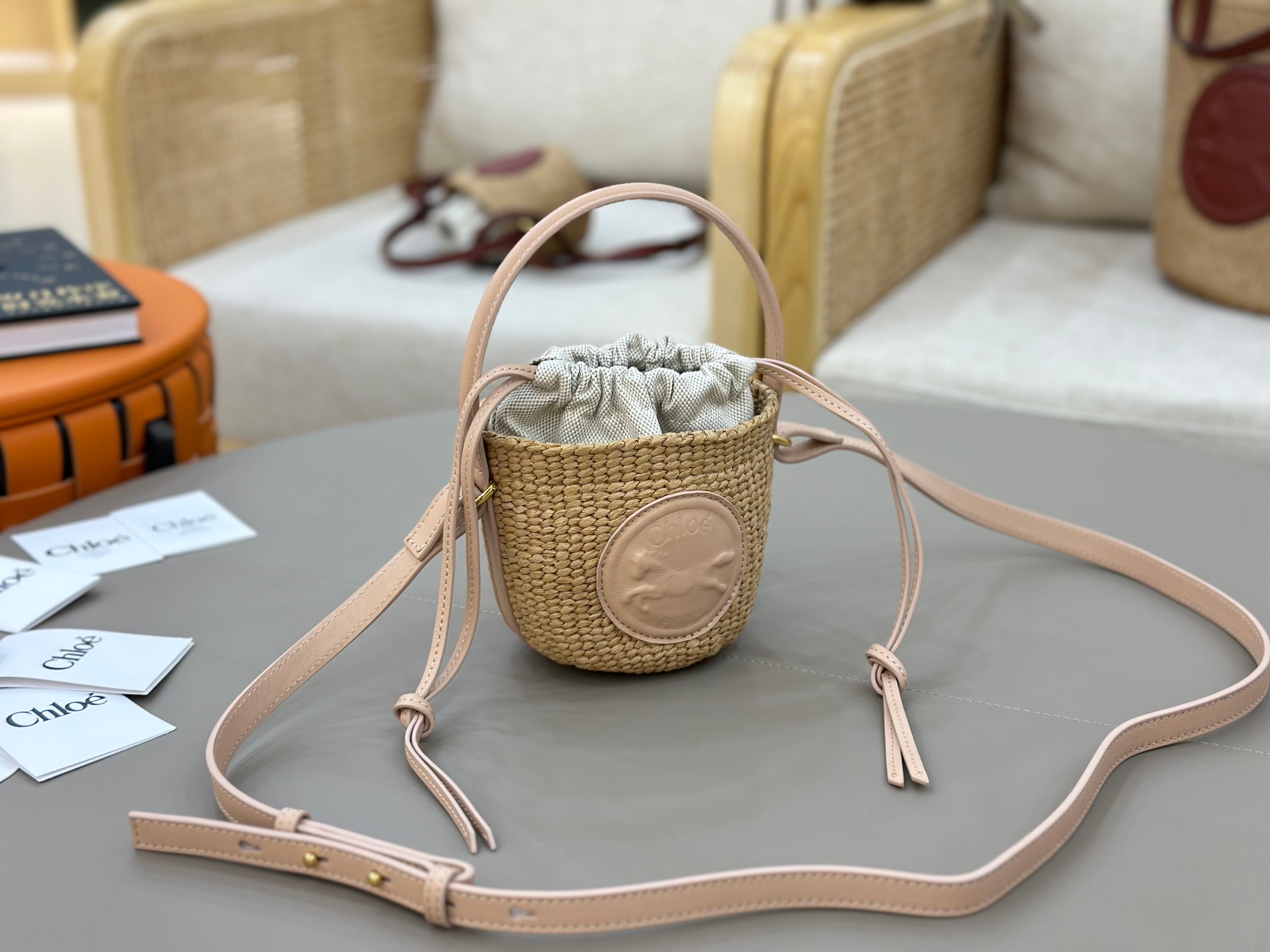 Chloé Mini Horse Medal Basket In Natural Fibers-14x12.5x14CM
