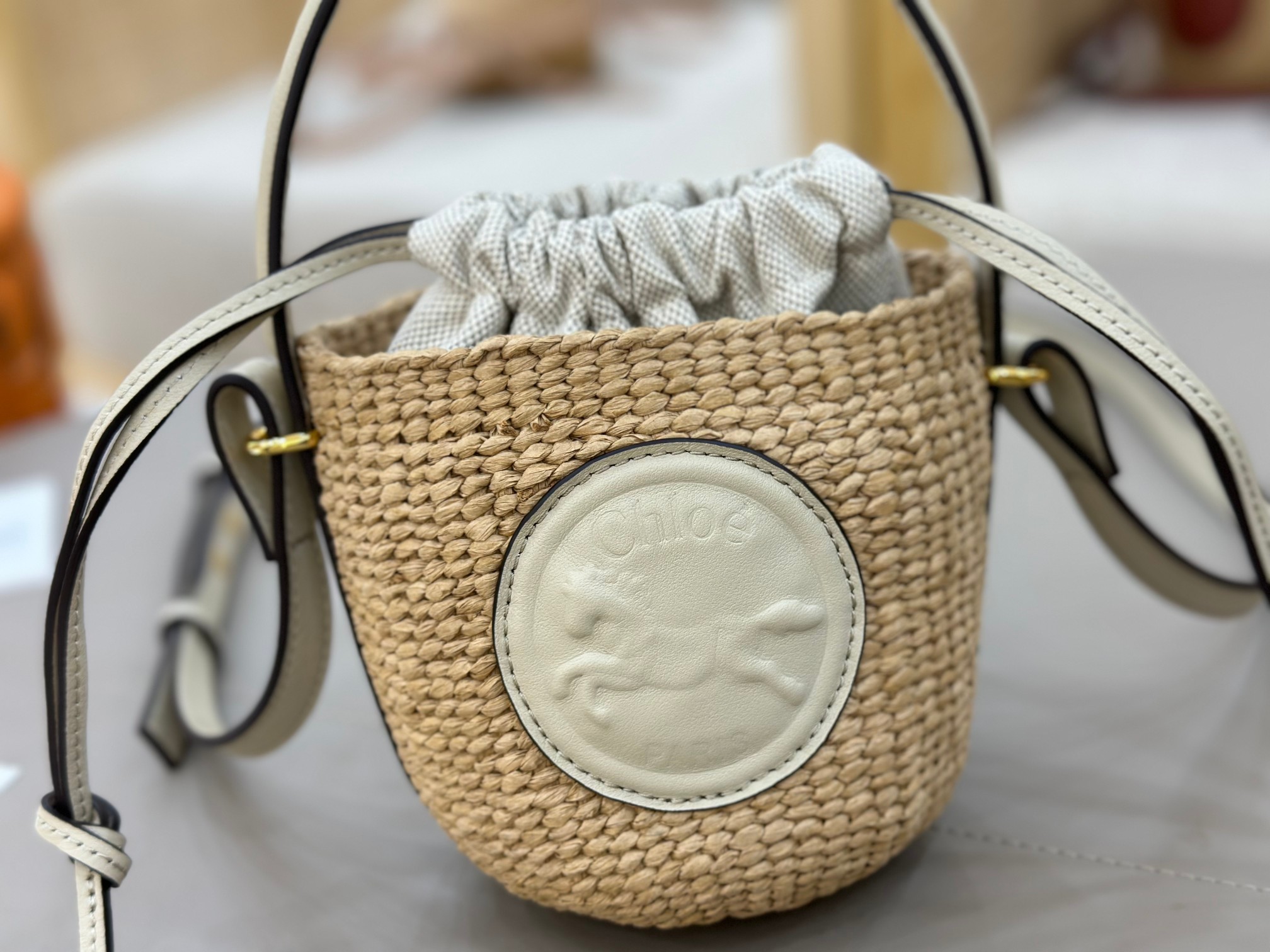 Chloé Mini Horse Medal Basket In Natural Fibers-14x12.5x14CM