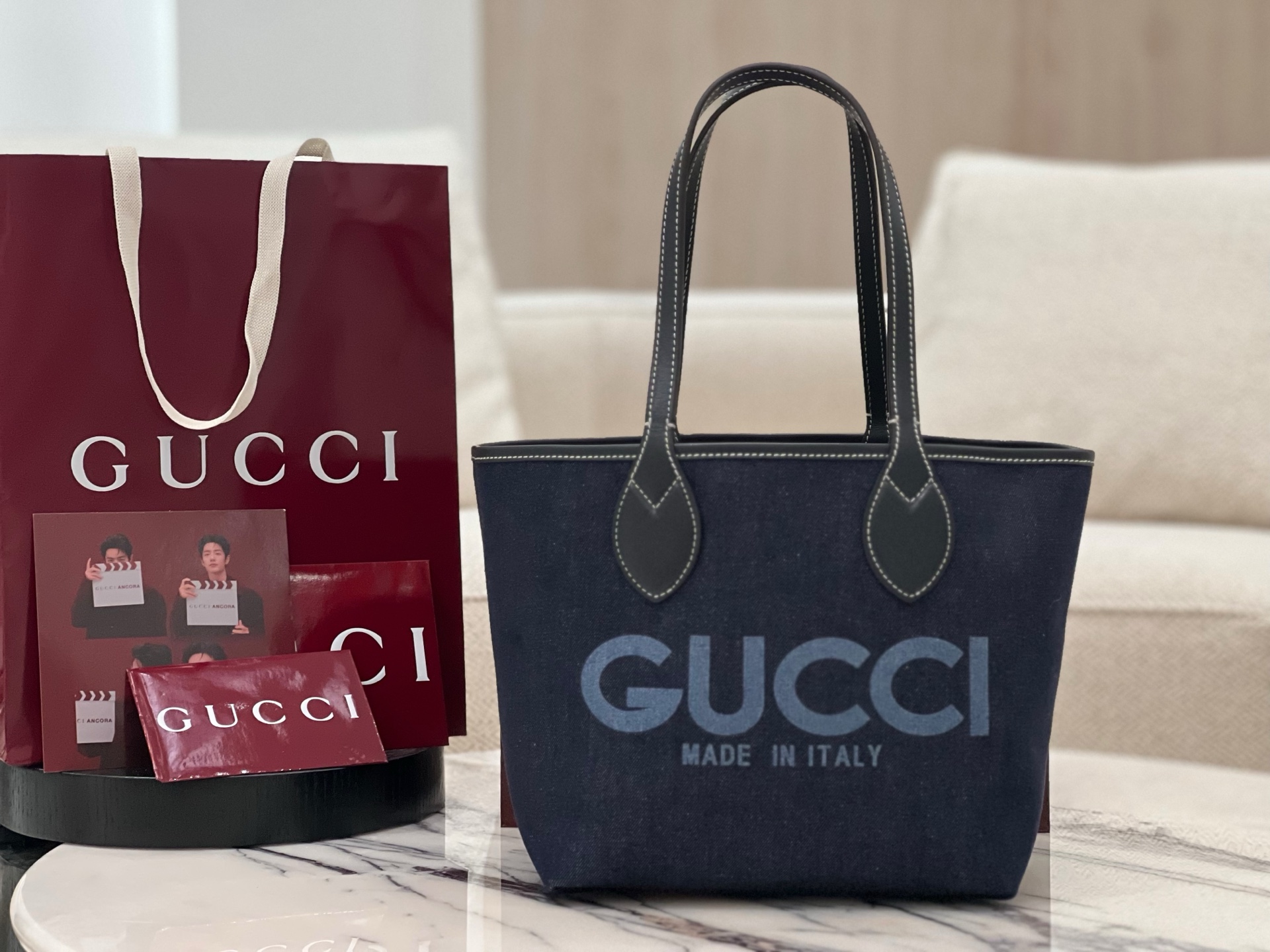 Gucc* Totissima Small Reversible Tote In Dark Blue Denim -22*19*18CM