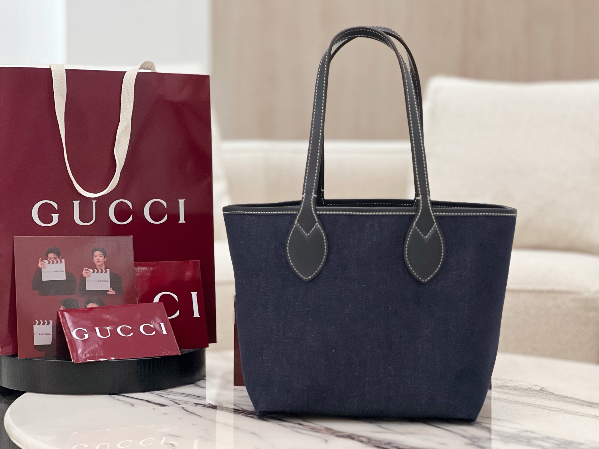 Gucc* Totissima Small Reversible Tote In Dark Blue Denim -22*19*18CM