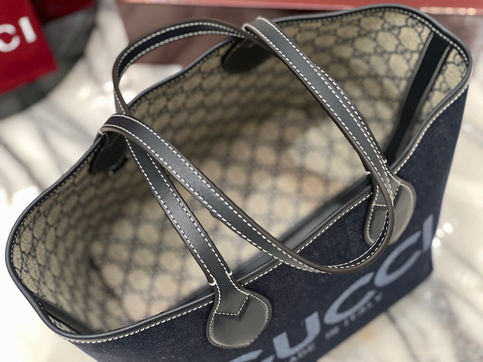 Gucc* Totissima Small Reversible Tote In Dark Blue Denim -22*19*18CM